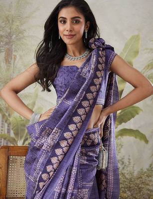 Purple printed blended cotton designer saree with blouse piece 5