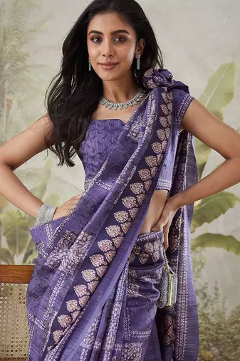 Purple printed blended cotton designer saree with blouse piece