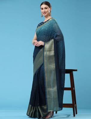 Blue elegant zari woven linen saree with blouse piece 1