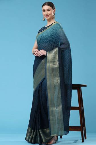 Blue elegant zari woven linen saree with blouse piece