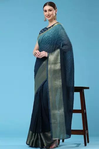 Blue elegant zari woven linen saree with blouse piece