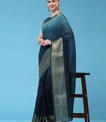 Blue elegant zari woven linen saree with blouse piece