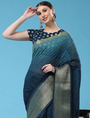 Blue elegant zari woven linen saree with blouse piece 2