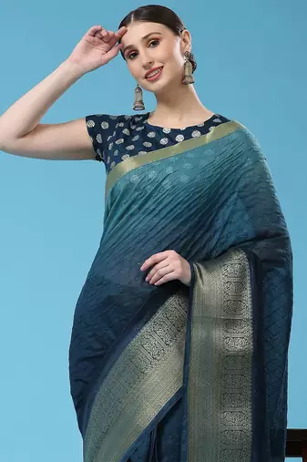 Blue elegant zari woven linen saree with blouse piece