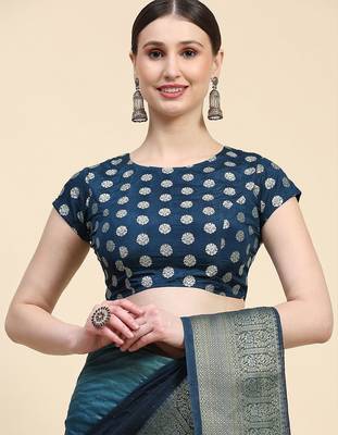 Blue elegant zari woven linen saree with blouse piece 4