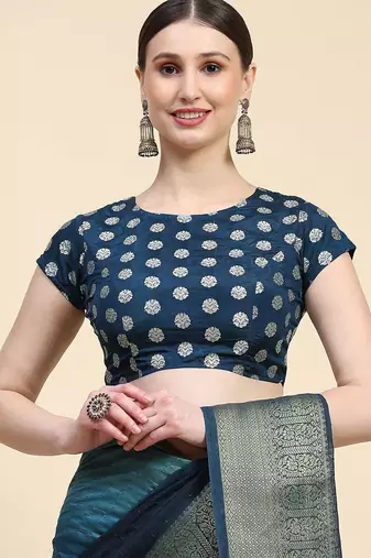 Blue elegant zari woven linen saree with blouse piece