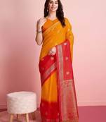 Yellow printed silk blend ethnic saree with blouse piece