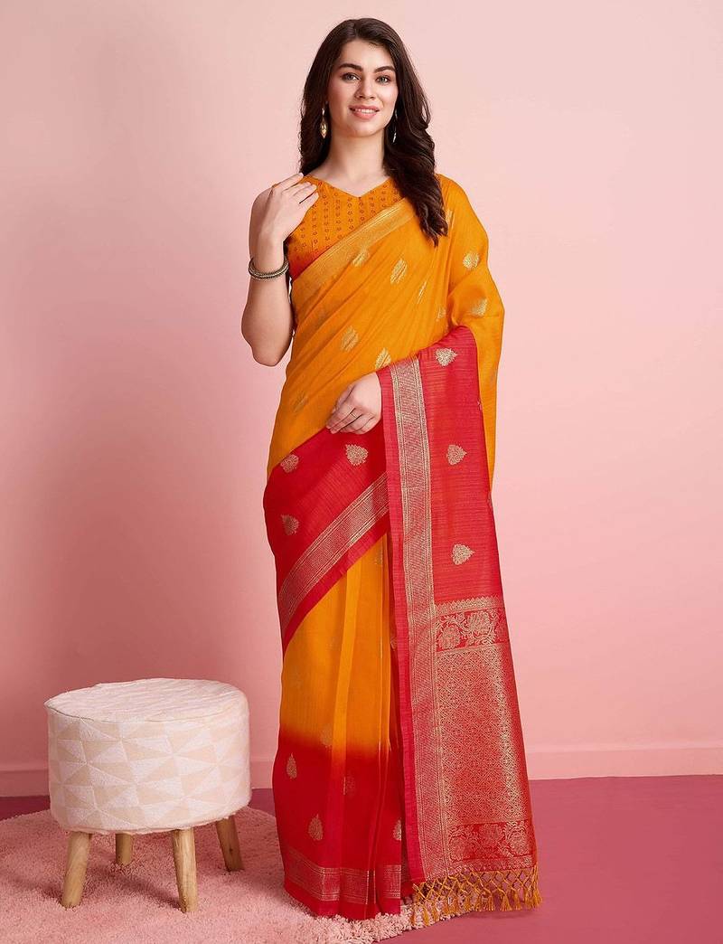 Yellow printed silk blend ethnic saree with blouse piece
