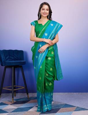 Blue elegant printed silk cotton saree with blouse piece 1