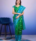 Blue elegant printed silk cotton saree with blouse piece