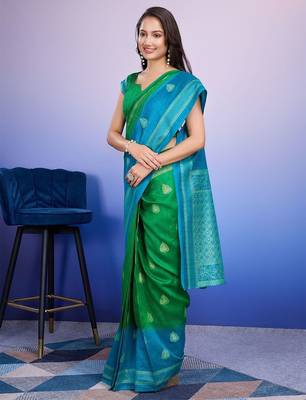 Blue elegant printed silk cotton saree with blouse piece 2