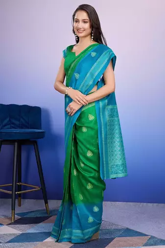 Blue elegant printed silk cotton saree with blouse piece