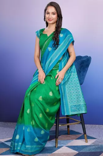 Blue elegant printed silk cotton saree with blouse piece