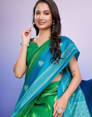 Blue elegant printed silk cotton saree with blouse piece 5