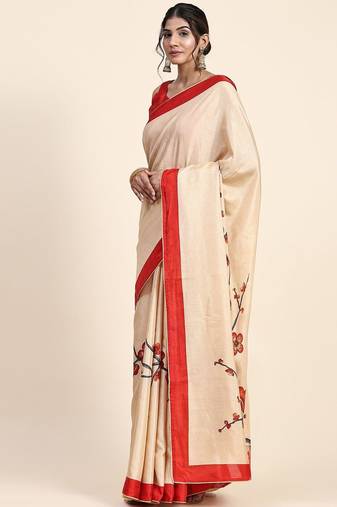 Cream printed art silk traditional saree with blouse piece