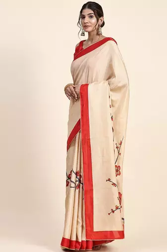 Cream printed art silk traditional saree with blouse piece
