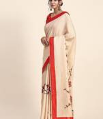 Cream printed art silk traditional saree with blouse piece
