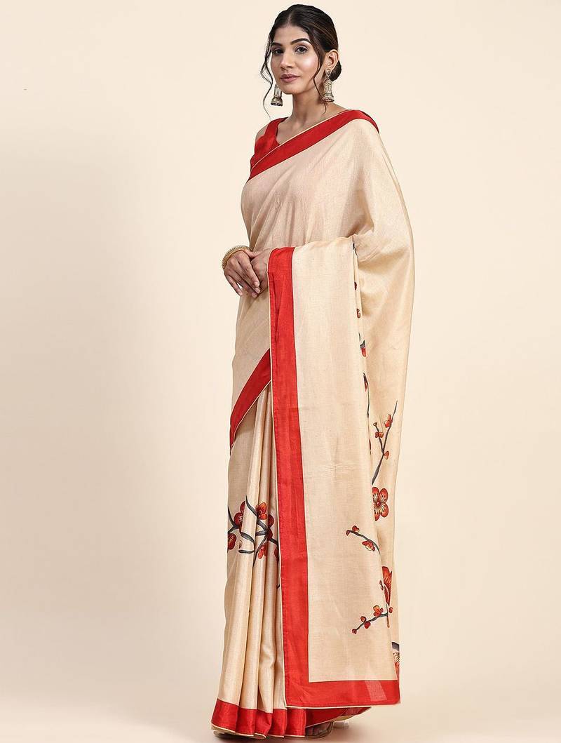 Cream printed art silk traditional saree with blouse piece