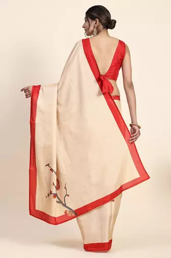 Cream printed art silk traditional saree with blouse piece