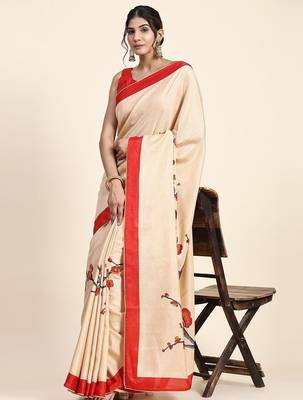 Cream printed art silk traditional saree with blouse piece 3