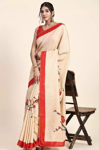 Cream printed art silk traditional saree with blouse piece