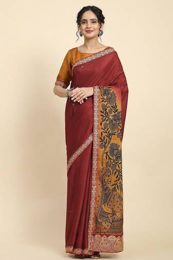 Mustard elegant printed silk cotton saree with blouse piece
