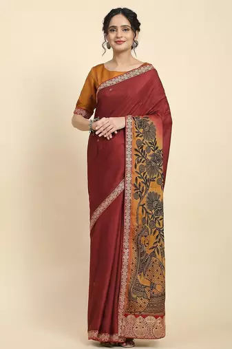 Mustard elegant printed silk cotton saree with blouse piece