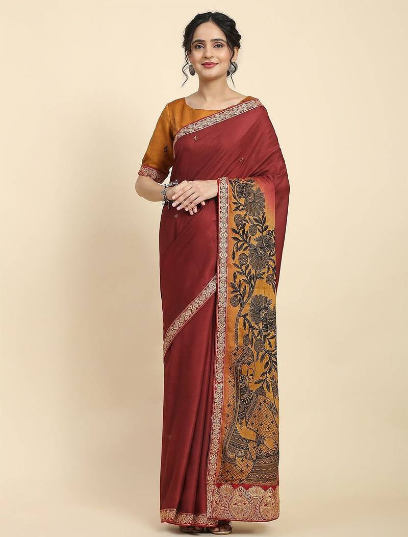 Mustard elegant printed silk cotton saree with blouse piece