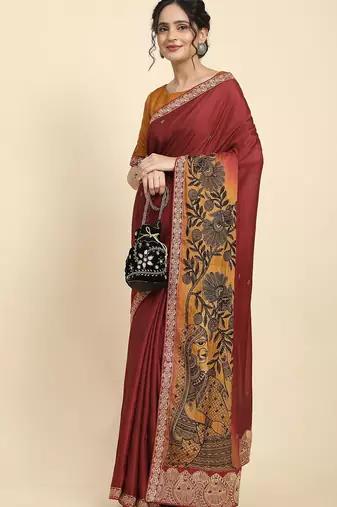 Mustard elegant printed silk cotton saree with blouse piece