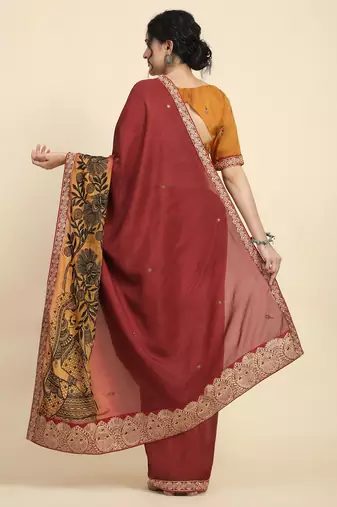 Mustard elegant printed silk cotton saree with blouse piece