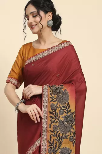 Mustard elegant printed silk cotton saree with blouse piece