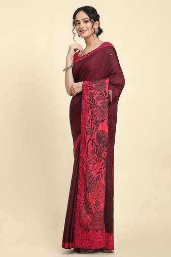 Pink elegant printed silk cotton saree with blouse piece