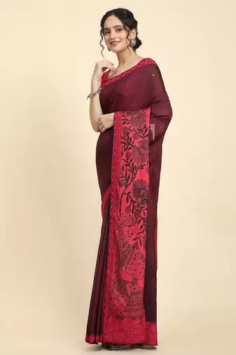 Pink elegant printed silk cotton saree with blouse piece
