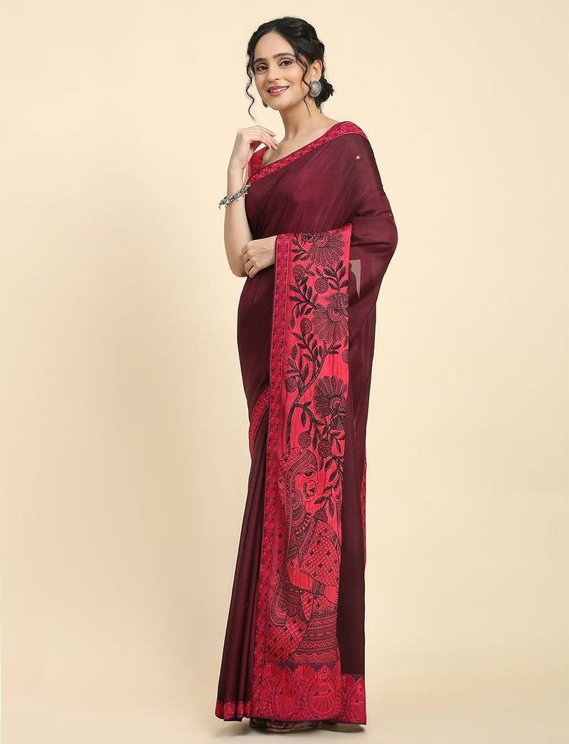 Pink elegant printed silk cotton saree with blouse piece