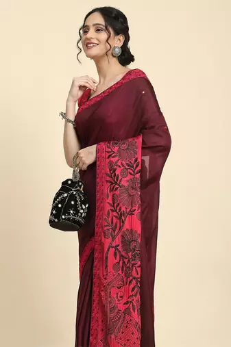 Pink elegant printed silk cotton saree with blouse piece
