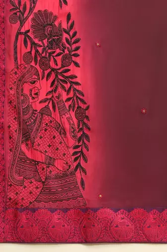 Pink elegant printed silk cotton saree with blouse piece