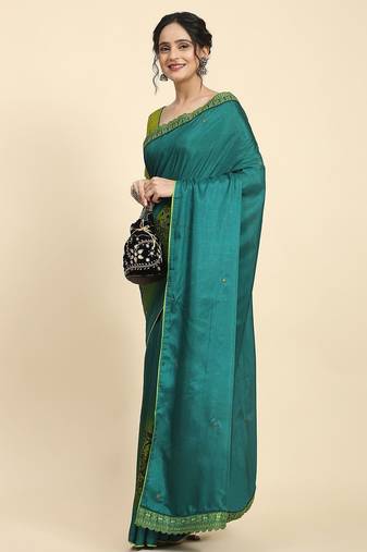 Olive elegant printed silk cotton saree with blouse piece