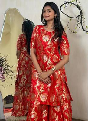 Red Banarasi Brocade Sharara Set | Gold Zari Ethnic Wear 2