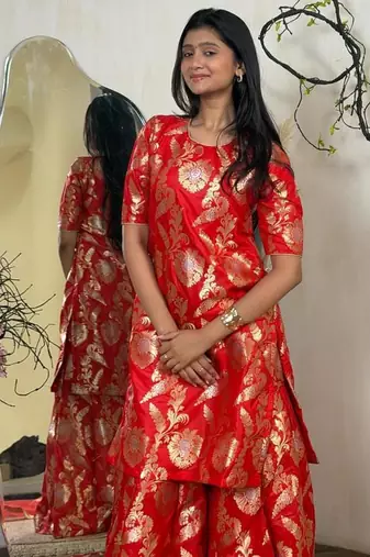 Red Banarasi Brocade Sharara Set | Gold Zari Ethnic Wear