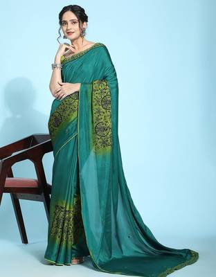 Olive elegant printed silk cotton saree with blouse piece 3