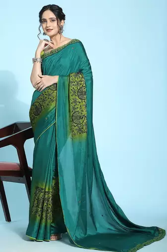 Olive elegant printed silk cotton saree with blouse piece