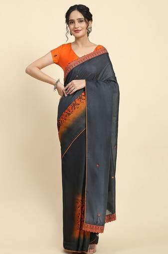 Black elegant printed silk cotton saree with blouse piece