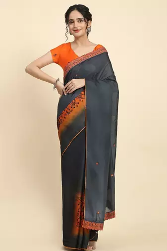 Black elegant printed silk cotton saree with blouse piece