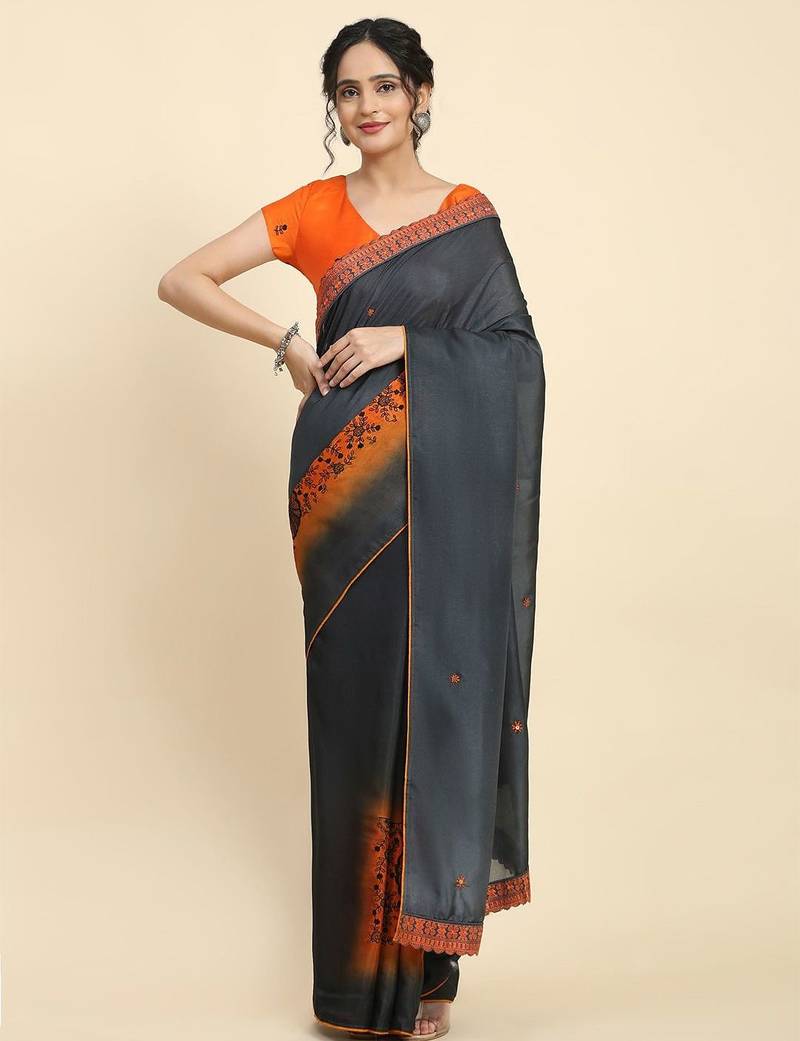 Black elegant printed silk cotton saree with blouse piece