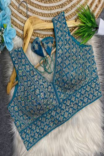 Sky blue heavy embroidered silk bridal blouse | designer sequin work readymade saree blouse for women