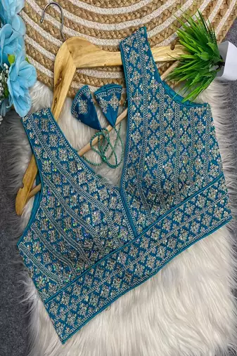 Sky blue heavy embroidered silk bridal blouse | designer sequin work readymade saree blouse for women