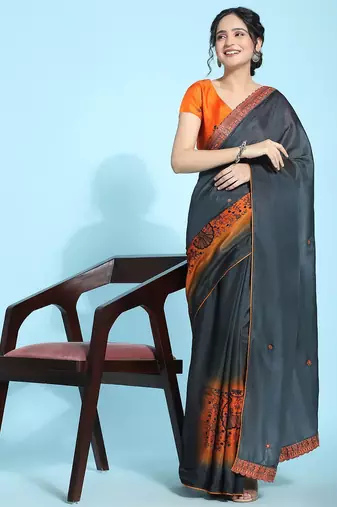Black elegant printed silk cotton saree with blouse piece