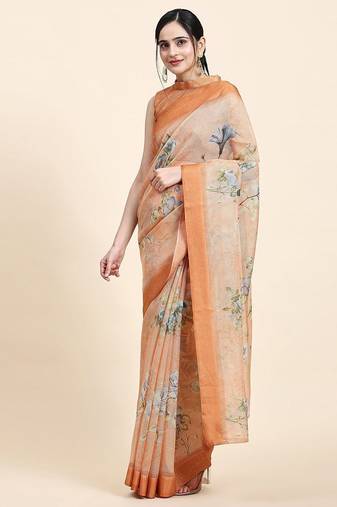 Orange printed art silk traditional saree with blouse piece