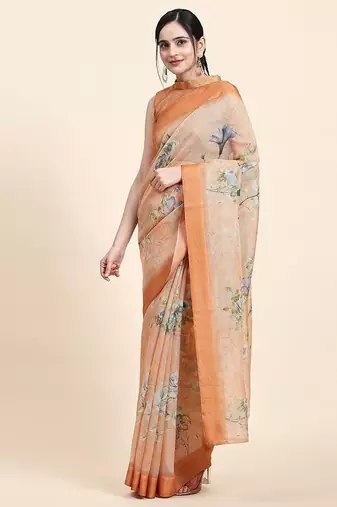 Orange printed art silk traditional saree with blouse piece