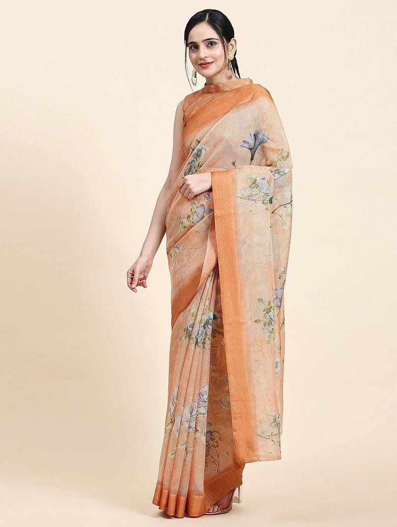 Orange printed art silk traditional saree with blouse piece